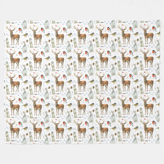 Winter Waterverf Hand Drawn Deer Rabbits Birds Fleece Deken (Voorkant (Horizontaal))