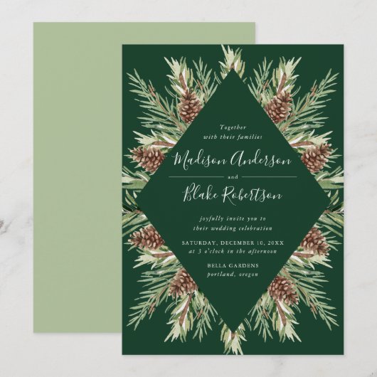 Winter Waterverf Pine Cone Lijst Green Wedding Kaart (Voorkant / Achterkant)