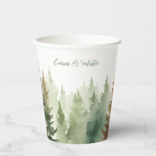 Winter Waterverf Pine Trees Forest Wedding Papieren Bekers (Voorkant)