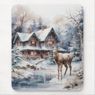 Winter Waterverf Scene - Herten en Cottage Muismat