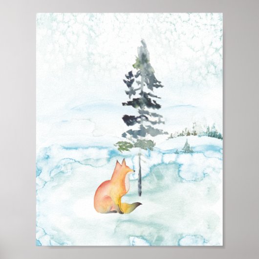Winter Waterverf Scene Red Fox Tekening Poster (Voorkant)
