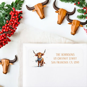 Winter Waterverf Texas Longhorn Kalf Sneeuw Etiket