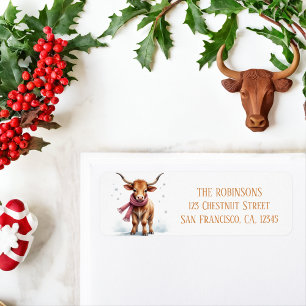 Winter Waterverf Texas Longhorn Kalf Sneeuwsjaal Etiket