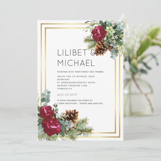 Winter Weddenschap Burgundy Rozen Eucalyptus Kaart (Staand voorkant)