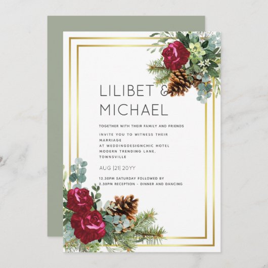 Winter Weddenschap Burgundy Rozen Eucalyptus Kaart (Voorkant / Achterkant)