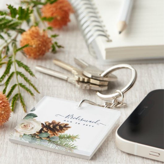 Winter Weddenschap Eucalyptus Greenery White Roses Sleutelhanger (Voorkant Rechts)