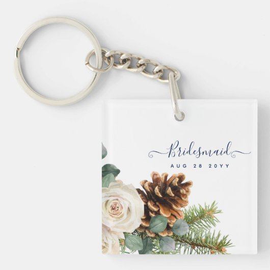 Winter Weddenschap Eucalyptus Greenery White Roses Sleutelhanger (voorkant)