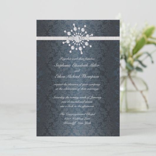 Winter Weddenschap Snowflake Blue Damask Kaart (Staand voorkant)