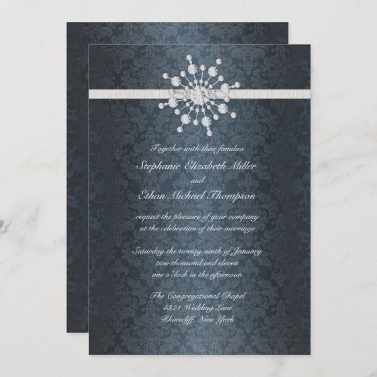Winter Weddenschap Snowflake Blue Damask Kaart (Voorkant / Achterkant)