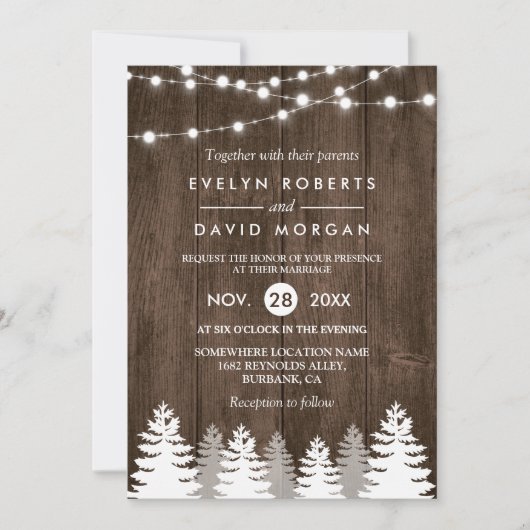 Winter Weddenschap Wood String Lights Pine Uitnodi Save The Date (Voorkant)