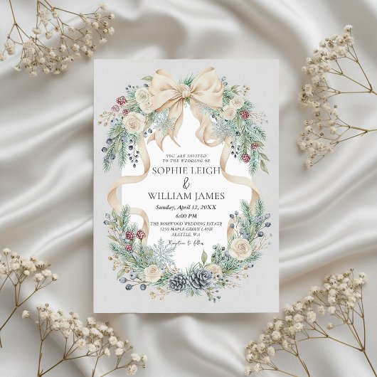Winter Wedding Invitation with Cream Bow and Flora