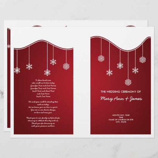 Winter Wedding Programme Snowflake Decoration Red (Voorkant / Achterkant)