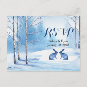 Winter Wedding Waterverf Trees Rabbits RSVP Uitnodiging Briefkaart