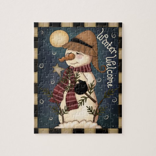 Winter Welcome Folk art Snowman Puzzle (Vertical)