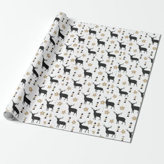 Winter White Black & Tan Deer Pattern Cadeaupapier (Uitgerold)