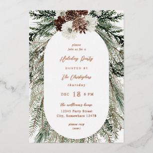 Winter White Floral & Pine Tree Kerstmis Folie Uitnodiging