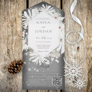 Winter White Floral Sparkle Grey QR Code All In One Uitnodiging