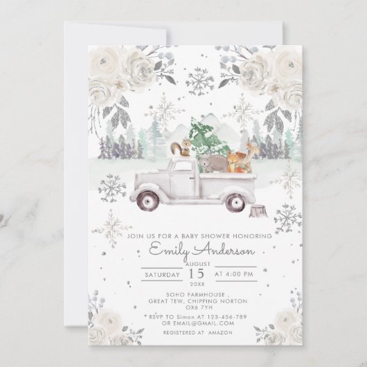 Winter White Floral Woodland Baby shower Kaart (Voorkant)