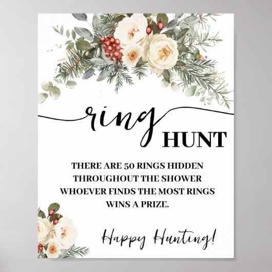 Winter White Flowers Ring Hunt Shower Game Sign Poster (Voorkant)