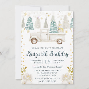 Winter White & Gold Truck Floral Birthday Kaart