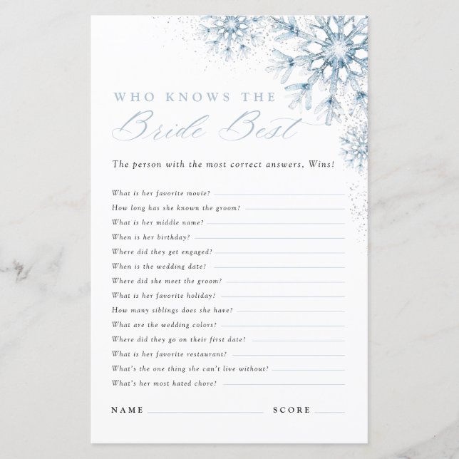 Winter Who Knows the Bride Best Bridal Shower (Voorkant)