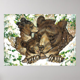 Winter Wildlife Art Black Beer Moeder en kubussen Poster