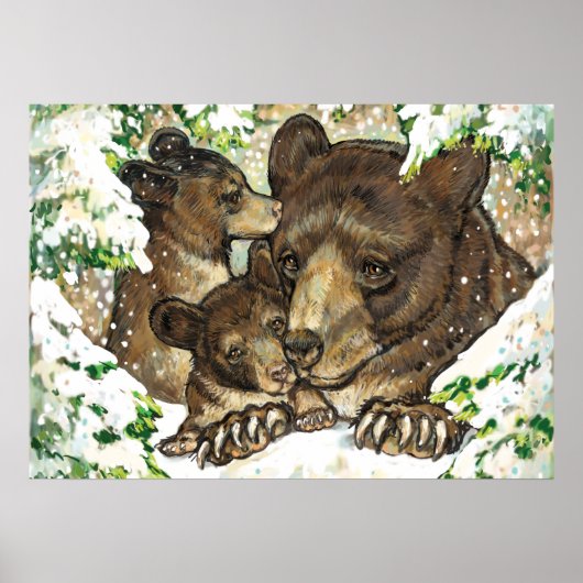 Winter Wildlife Art Black Beer Moeder en kubussen Poster (Voorkant)