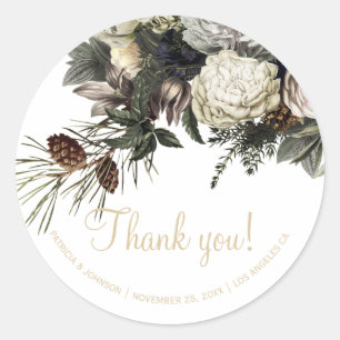 Winter wit bloemenelegant dank u bruiloft ronde sticker