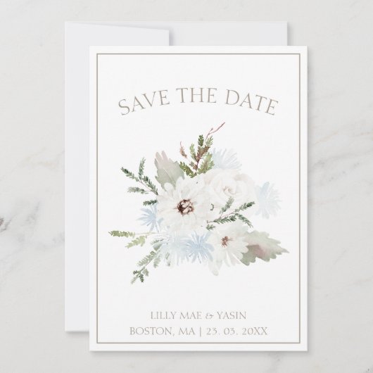 Winter Witte Bloemen en Taupe Kerstmis Bruiloft Save The Date (Voorkant)