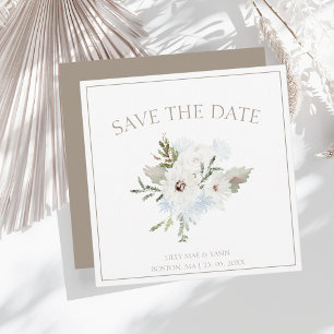 Winter Witte Bloemen en Taupe Kerstmis Bruiloft Save The Date