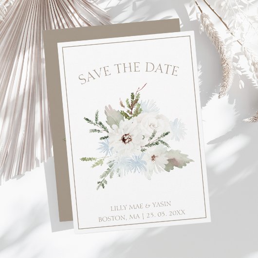 Winter Witte Bloemen en Taupe Kerstmis Bruiloft Save The Date