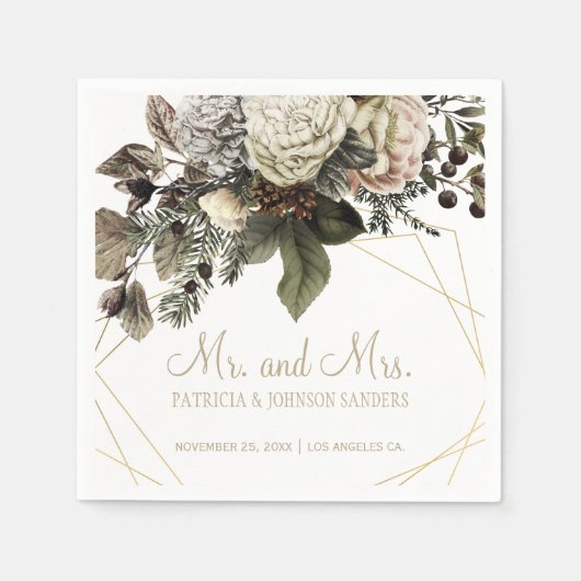 Winter witte bloemen Mr en Mrs script bruiloft Servet (Voorkant)