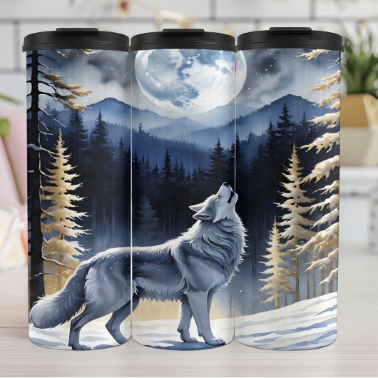 Winter Wolf, Moonlight Howl, Snowy Forest. Thermosbeker