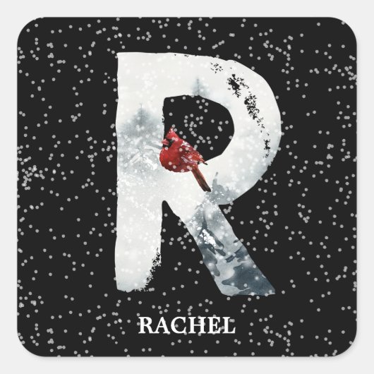 Winter Wonderland Alphabet R Monogram | Roodvogel Vierkante Sticker (Voorkant)