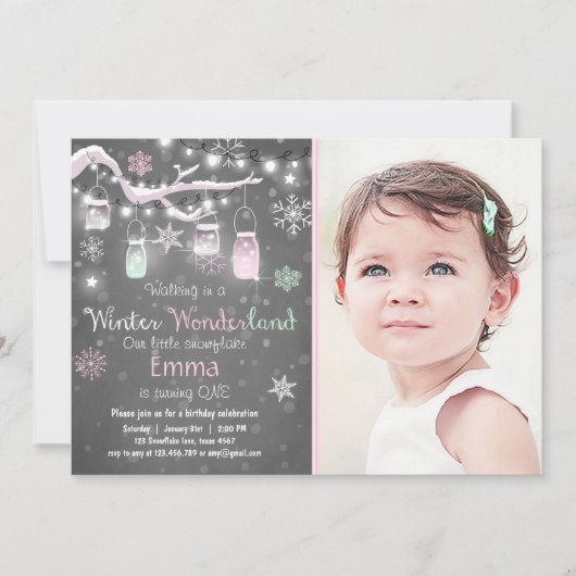Winter Wonderland anniversaire invitation Mint ros (Devant)