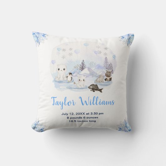 Winter Wonderland Arctische Dieren Geboortestatist Kussen (Voorkant)