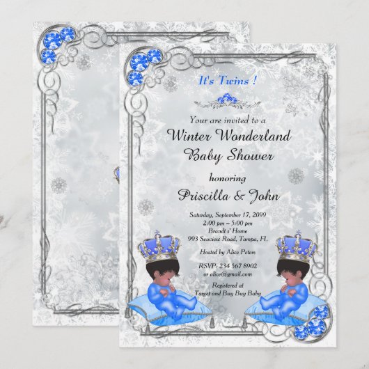 Winter Wonderland Baby shower Invitation Twins Boy (Devant / Derrière)