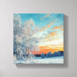 Winter Wonderland bij zonsondergang Canvas Afdruk