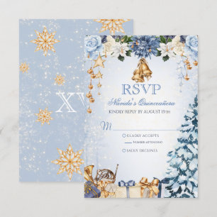 Winter Wonderland Blauw en Goud Quinceanera RSVP Kaartje
