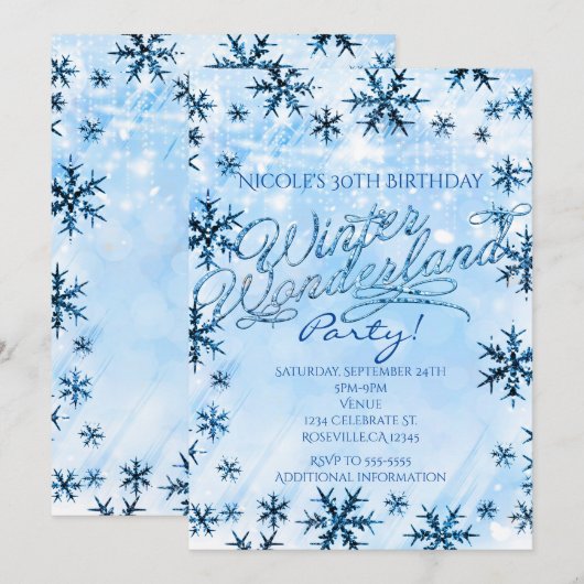 Winter Wonderland Blauwe Sneeuwvlokken Feest Uitno Kaart (Voorkant / Achterkant)