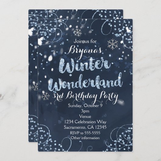 Winter Wonderland Blue Elegant Party Uitnodigingen (Voorkant / Achterkant)