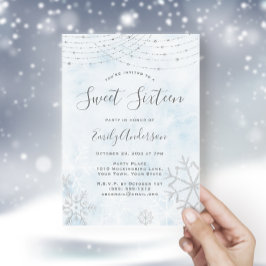 Winter Wonderland Blue Silver Snowflake Sweet 16 Kaart
