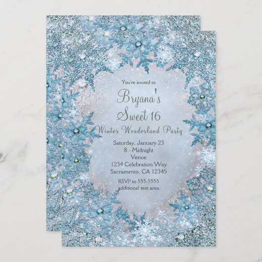 Winter Wonderland Blue Snowflakes Invitation (Devant / Derrière)