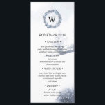 Winter Wonderland Christmas Dinner Menu Invitation<br><div class="desc">Belle et élégante carte de dîner de Noël personnalisable en aquarelle paysage d'hiver avec feuille d'hiver bleu couronne tenant un monogramme personnalisé. Le style mince de la carte a assez d'espace pour toutes les informations nécessaires. Customisez avec les détails du menu et l'occasion dans des champs fournis avec sans serif...</div>