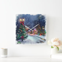 Winter Wonderland Christmas Village Wall Clock Vierkante Klok