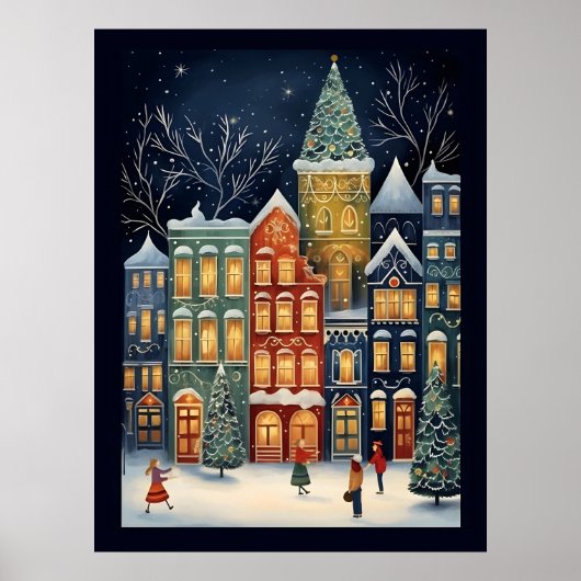 Winter Wonderland Cityscape Schattige Kerst Poster (Voorkant)