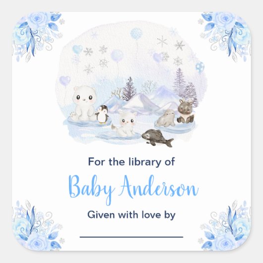 Winter Wonderland Dieren Baby shower Bookplate Vierkante Sticker (Voorkant)