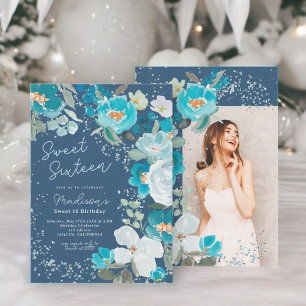 Winter Wonderland donkerblauw Bloemen Zoet Zestien Kaart