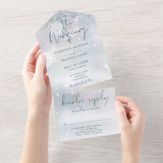 Winter Wonderland Elegant Script Sneeuwbruiloft All In One Uitnodiging (Afscheurbaar)