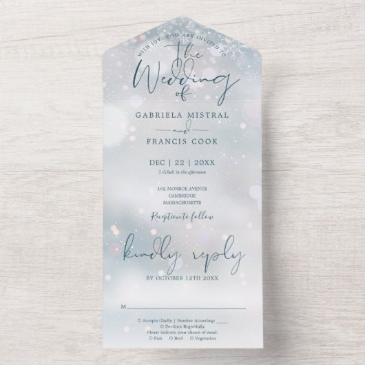 Winter Wonderland Elegant Script Sneeuwbruiloft All In One Uitnodiging (Binnen)